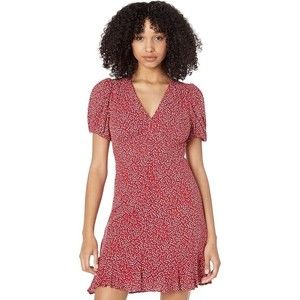 1.STATE V-Neck Ruffle Hem Dress Mini Red White Floral Size Medium Puff Sleeve